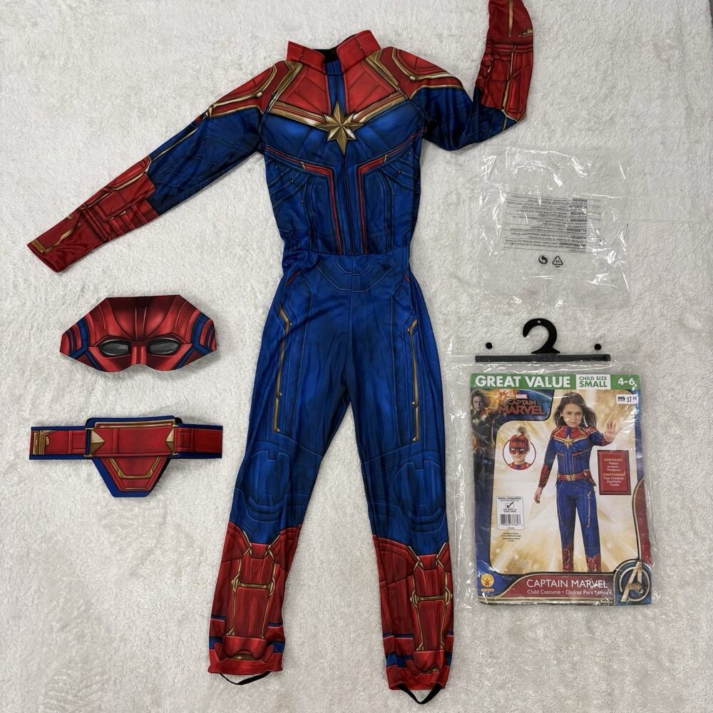 Rubies Captain Marvel Costume Girls Small 4-6 Padded Jumpsuit Mask Belt NEW